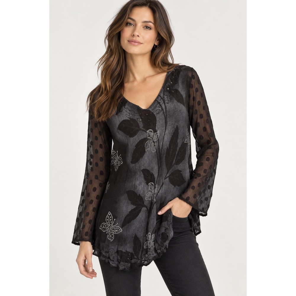 Fair Grunge Butterfly Sequin Rayon Tunic Top L/XL NWT Black Gray Boho Lagenlook